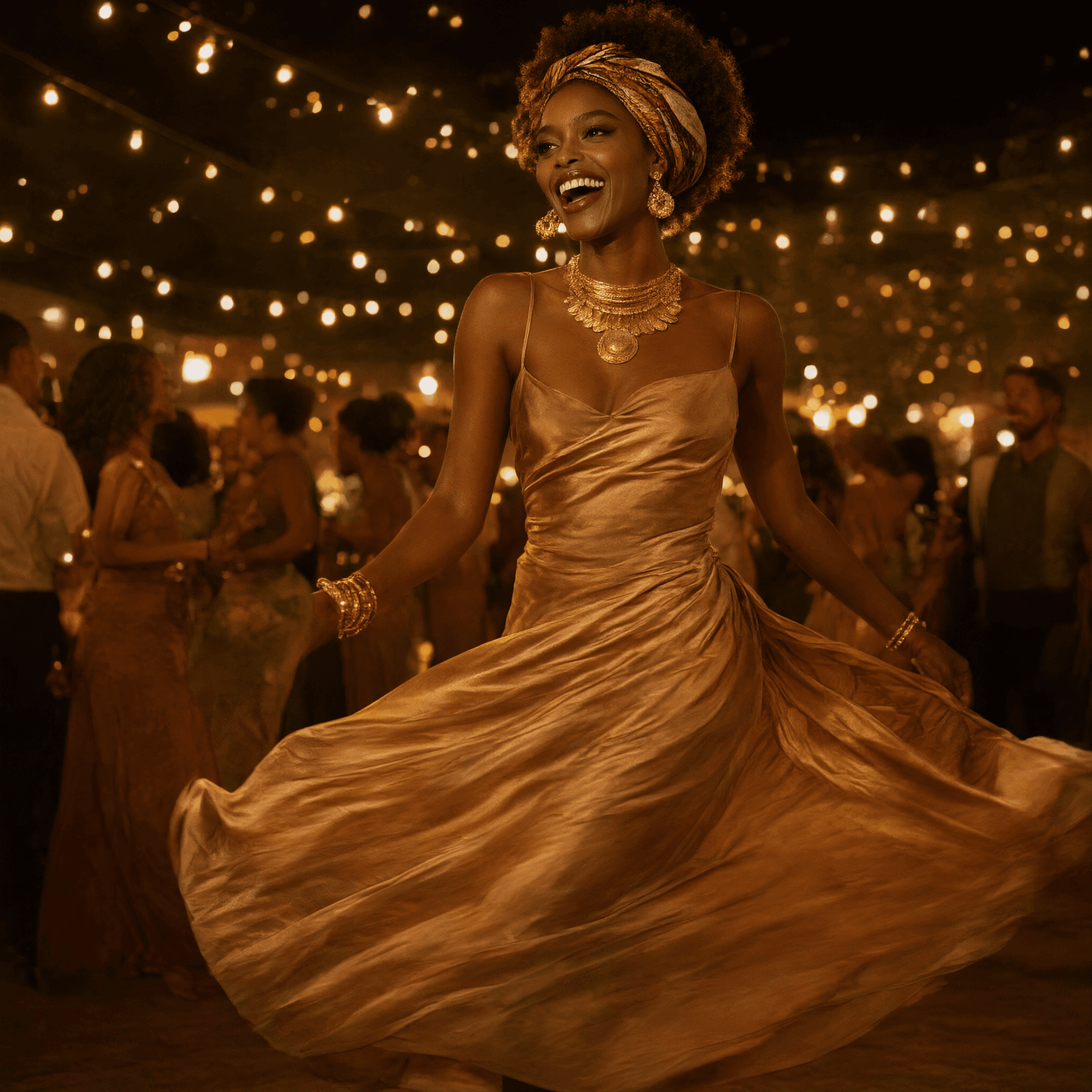 Amara turning gracefully in a gold evening dress